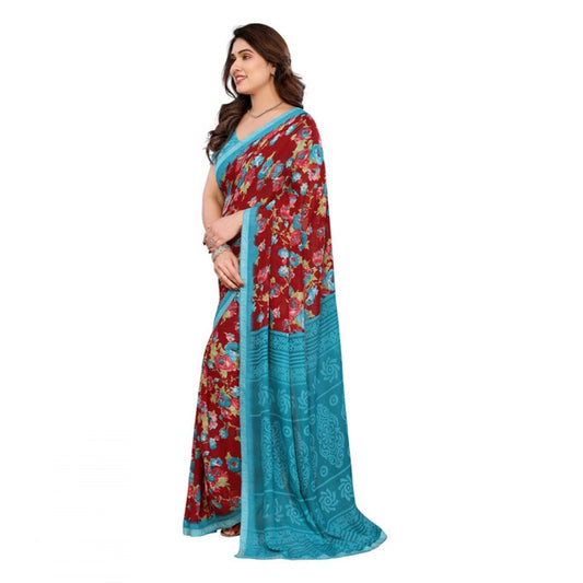 Women's Georgette Printed Saree With Unstitched Blouse 5.5Mtr (Maroon)