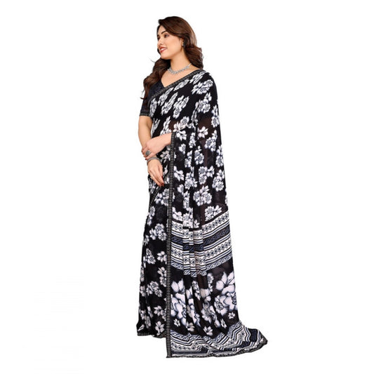 Women's Georgette Printed Saree With Unstitched Blouse 5.5Mtr (Black)