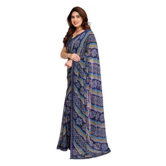 Women's Georgette Printed Saree With Unstitched Blouse 5.5Mtr (Blue)