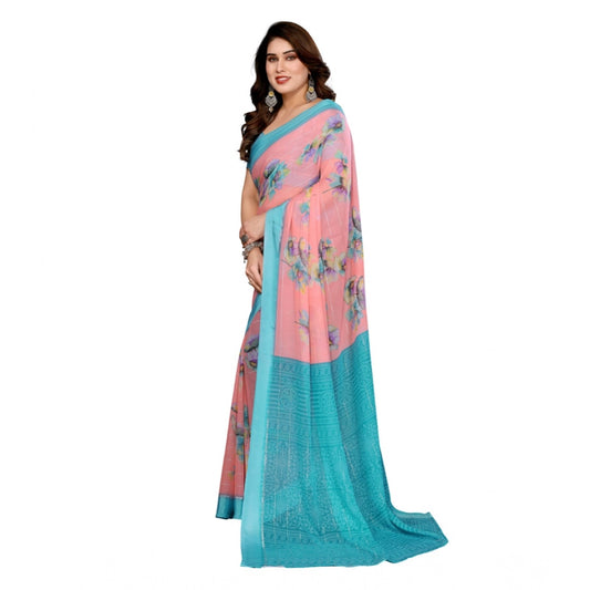 Women's Georgette Printed Saree With Unstitched Blouse 5.5Mtr (Pink)