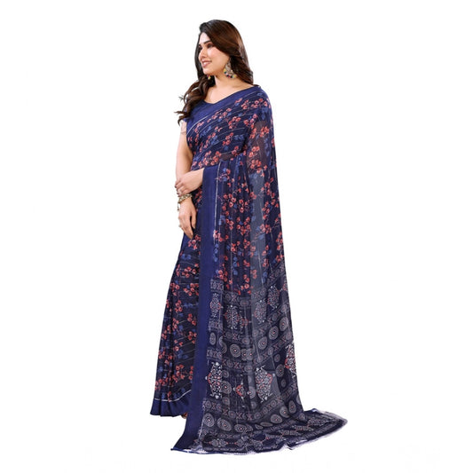 Women's Georgette Printed Saree With Unstitched Blouse 5.5Mtr (Blue)