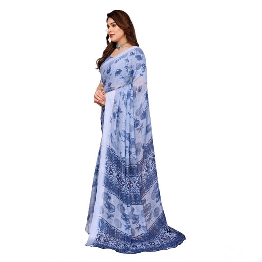 Women's Georgette Printed Saree With Unstitched Blouse 5.5Mtr (Light Blue)