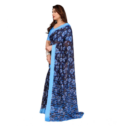 Women's Georgette Printed Saree With Unstitched Blouse 5.5Mtr (Blue)