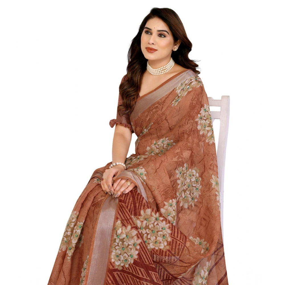 Women's Georgette Printed Saree With Unstitched Blouse 5.5Mtr (Brown)