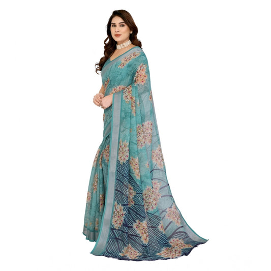 Women's Georgette Printed Saree With Unstitched Blouse 5.5Mtr (Turquoise Green)