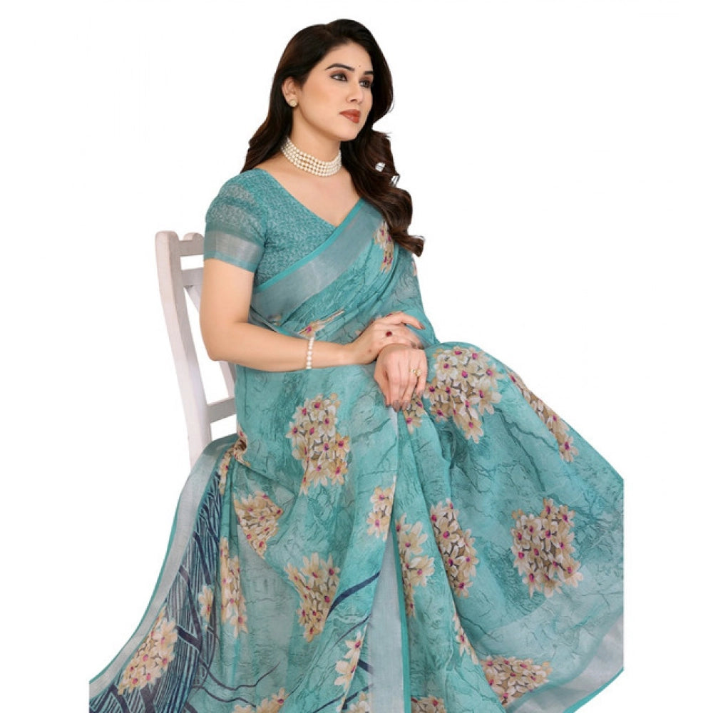 Women's Georgette Printed Saree With Unstitched Blouse 5.5Mtr (Turquoise Green)