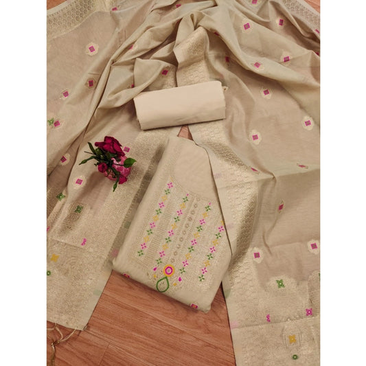 Women's Banarasi Silk Printed Unstitched Salwar Suit Material With Dupatta (Cream, 3Mtrs)