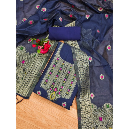 Women's Banarasi Silk Printed Unstitched Salwar Suit Material With Dupatta (Navy Blue, 3Mtrs)