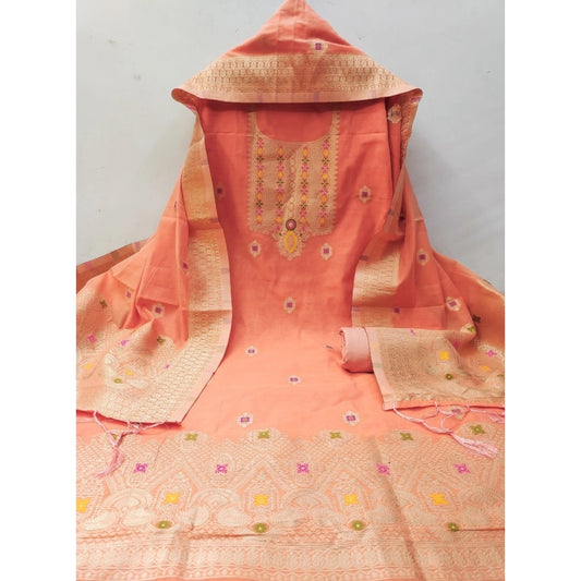 Women's Banarasi Silk Printed Unstitched Salwar Suit Material With Dupatta (Peach, 3Mtrs)