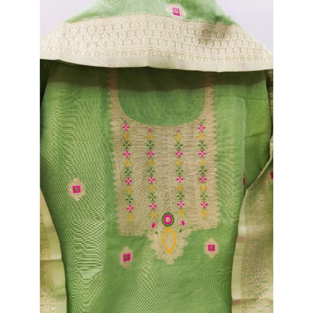 Pista banarasi silk unstitched salwar suit material — dupatta view
