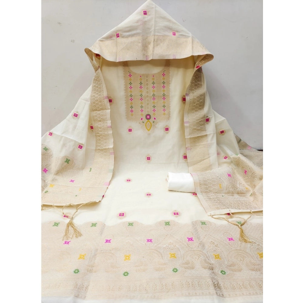 White banarasi silk unstitched salwar suit material — colour detail
