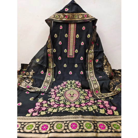 Women's Banarasi Silk Printed Unstitched Salwar Suit Material With Dupatta (Black, 3Mtrs)