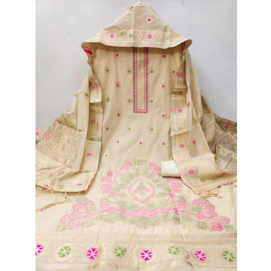 Women's Banarasi Silk Printed Unstitched Salwar Suit Material With Dupatta (Cream, 3Mtrs)