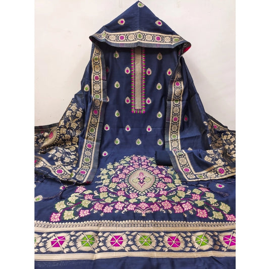 Women's Banarasi Silk Printed Unstitched Salwar Suit Material With Dupatta (Navy Blue, 3Mtrs)