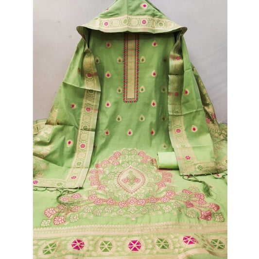 Women's Banarasi Silk Printed Unstitched Salwar Suit Material With Dupatta (Pista, 3Mtrs)