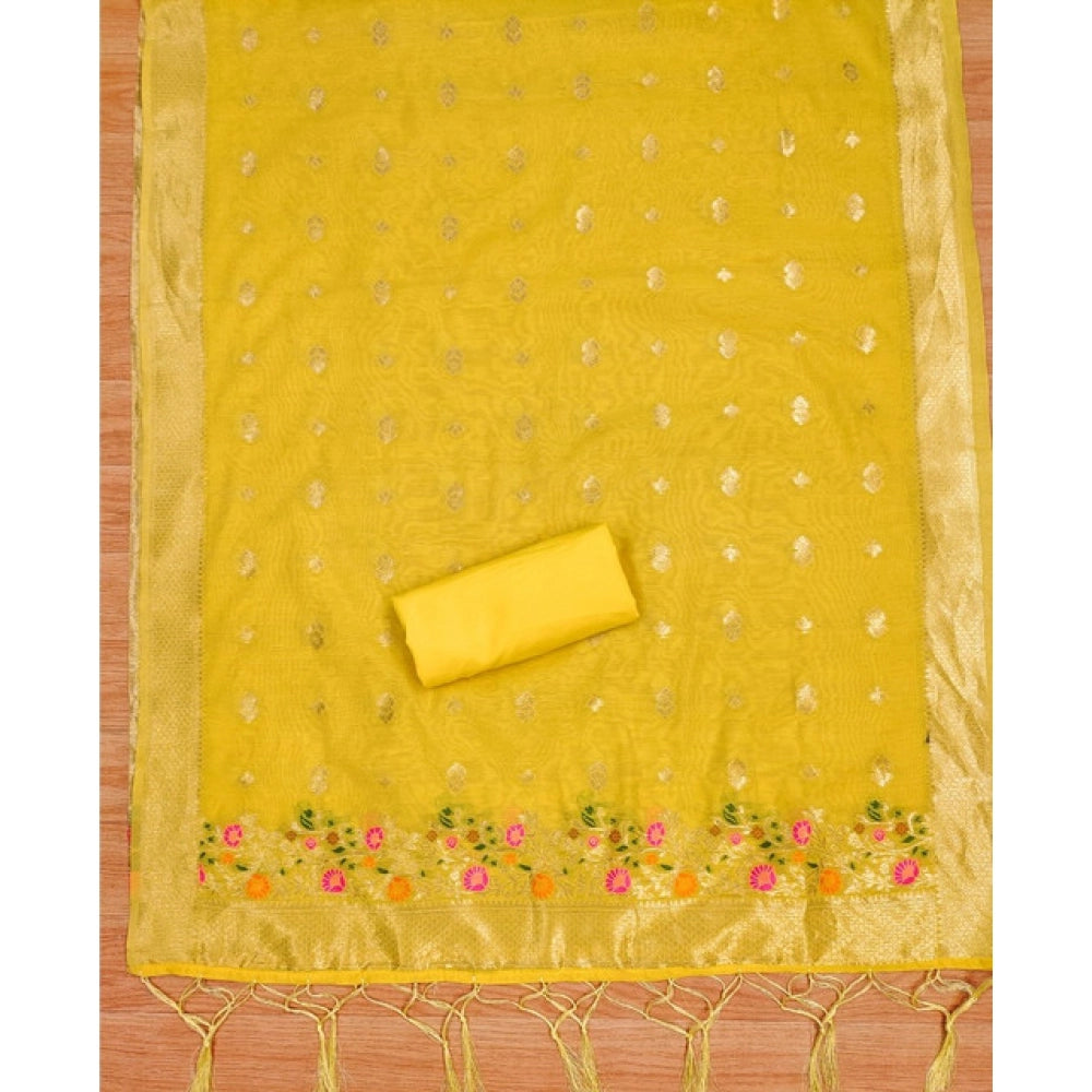 Women's Banarasi Silk Printed Unstitched Salwar Suit Material With Dupatta (Yellow, 3Mtrs)