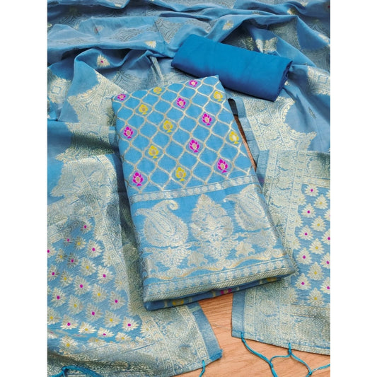 Women's Banarasi Silk Printed Unstitched Salwar Suit Material With Dupatta (Sky Blue, 3Mtrs)