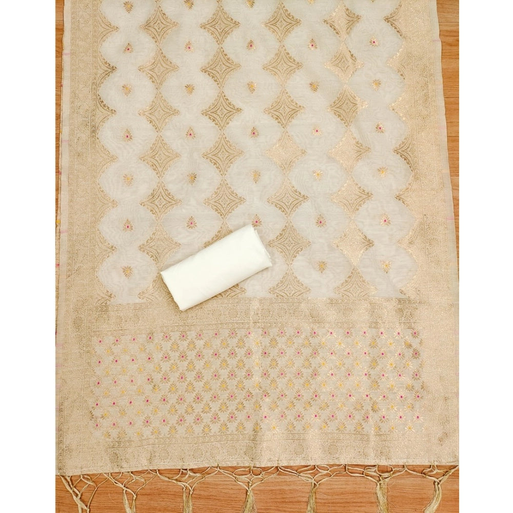 Women's Banarasi Silk Printed Unstitched Salwar Suit Material With Dupatta (White, 3Mtrs)
