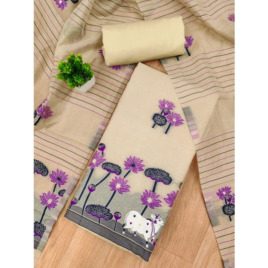 Women's Banarasi Silk Printed Unstitched Salwar Suit Material With Dupatta (Cream, 3Mtrs)