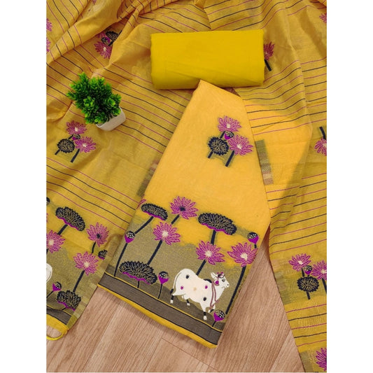 Women's Banarasi Silk Printed Unstitched Salwar Suit Material With Dupatta (Yellow, 3Mtrs)