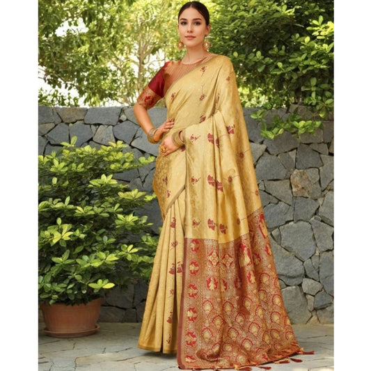 Women's Silk Blend Woven Paithani Saree With Unstitched Blouse 5.5Mtr (Beige)