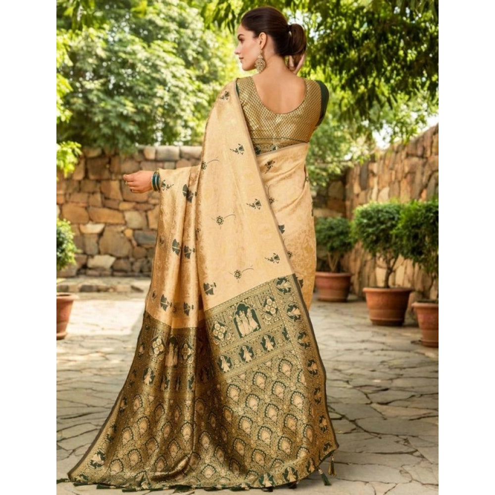 Women's Silk Blend Woven Paithani Saree With Unstitched Blouse 5.5Mtr (Cream)