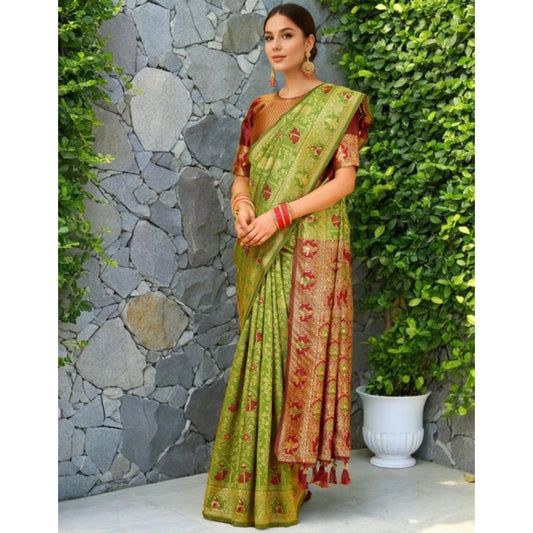 Women's Silk Blend Woven Paithani Saree With Unstitched Blouse 5.5Mtr (Light Green)