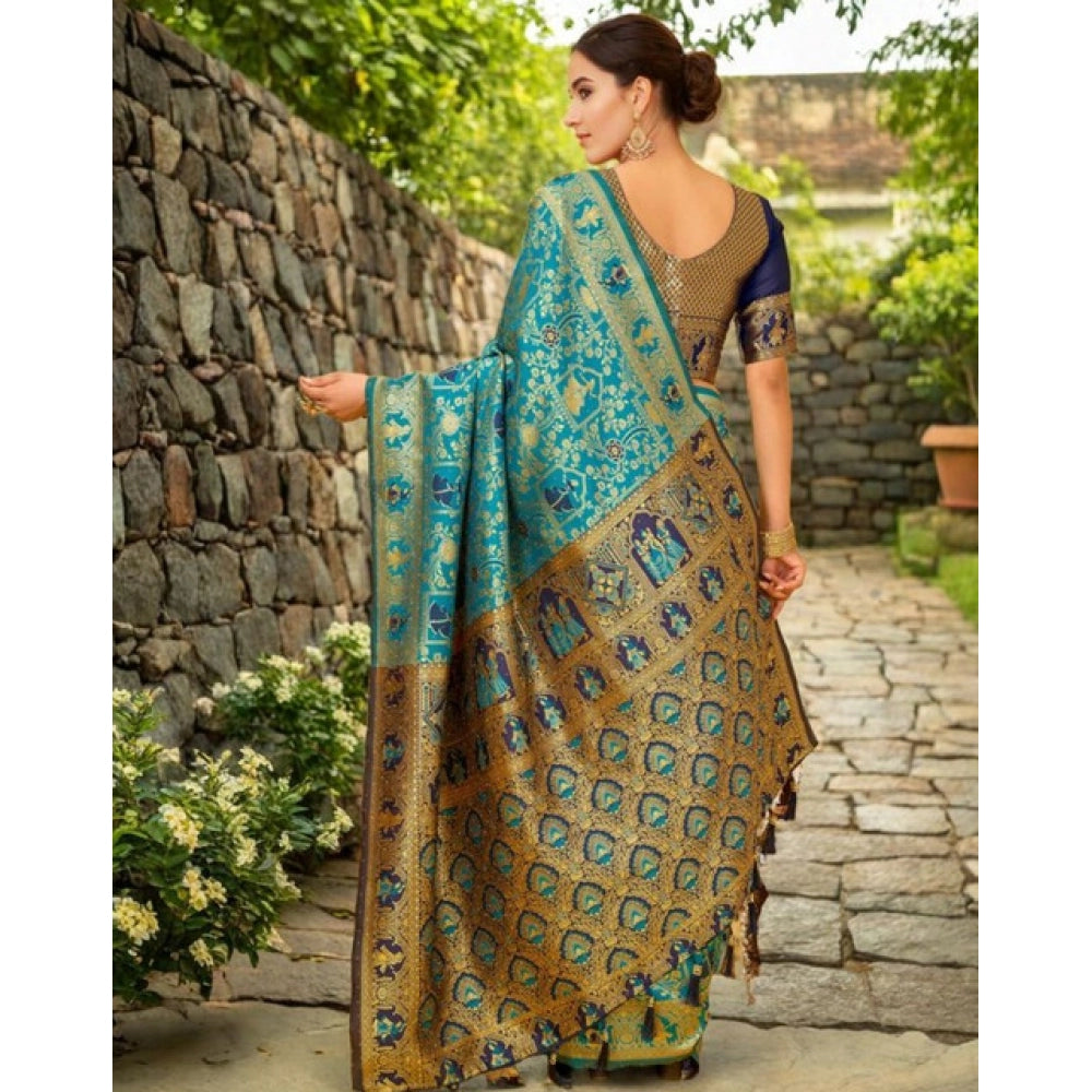 Women's Silk Blend Woven Paithani Saree With Unstitched Blouse 5.5Mtr (Rama)