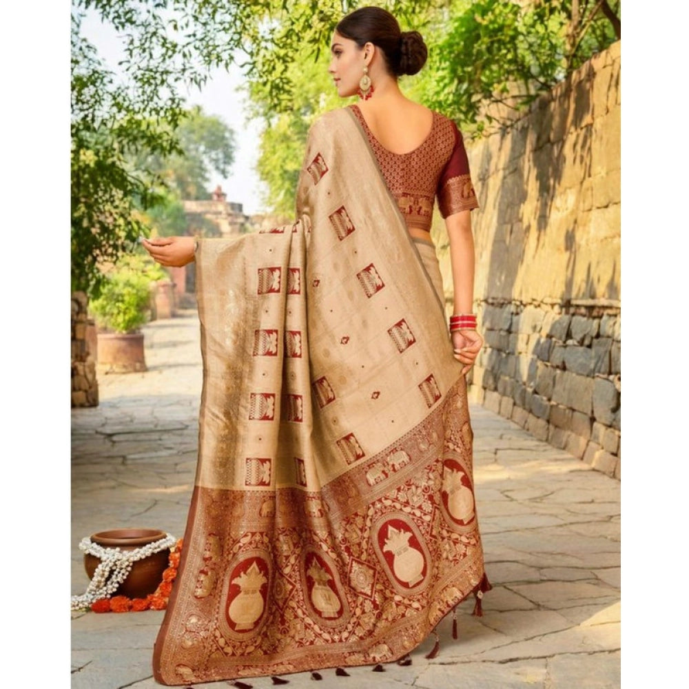Women's Silk Blend Woven Zari Work Saree With Unstitched Blouse 5.5Mtr (Beige)