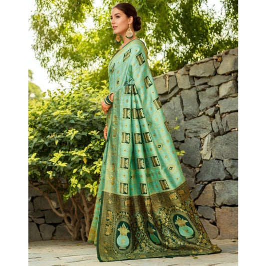 Women's Silk Blend Woven Zari Work Saree With Unstitched Blouse 5.5Mtr (Mint Green)