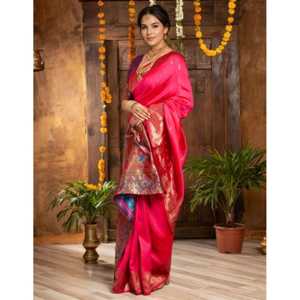 Women's Silk Blend Zari Woven Saree With Unstitched Blouse 5.5Mtr (Pink)