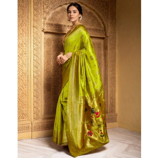 Women's Silk Blend Paithani Saree With Unstitched Blouse 5.5Mtr (Lime Green)