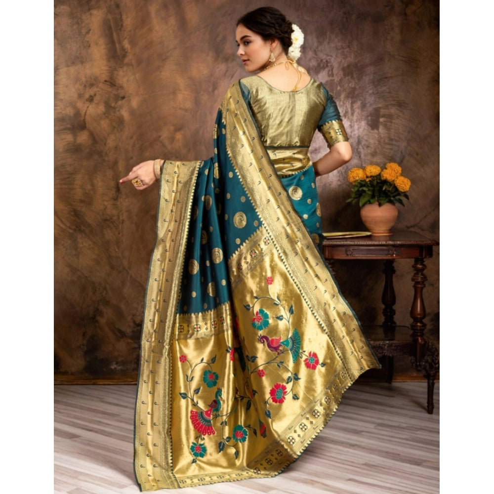 Women's Silk Blend Paithani Saree With Unstitched Blouse 5.5Mtr (Teal)