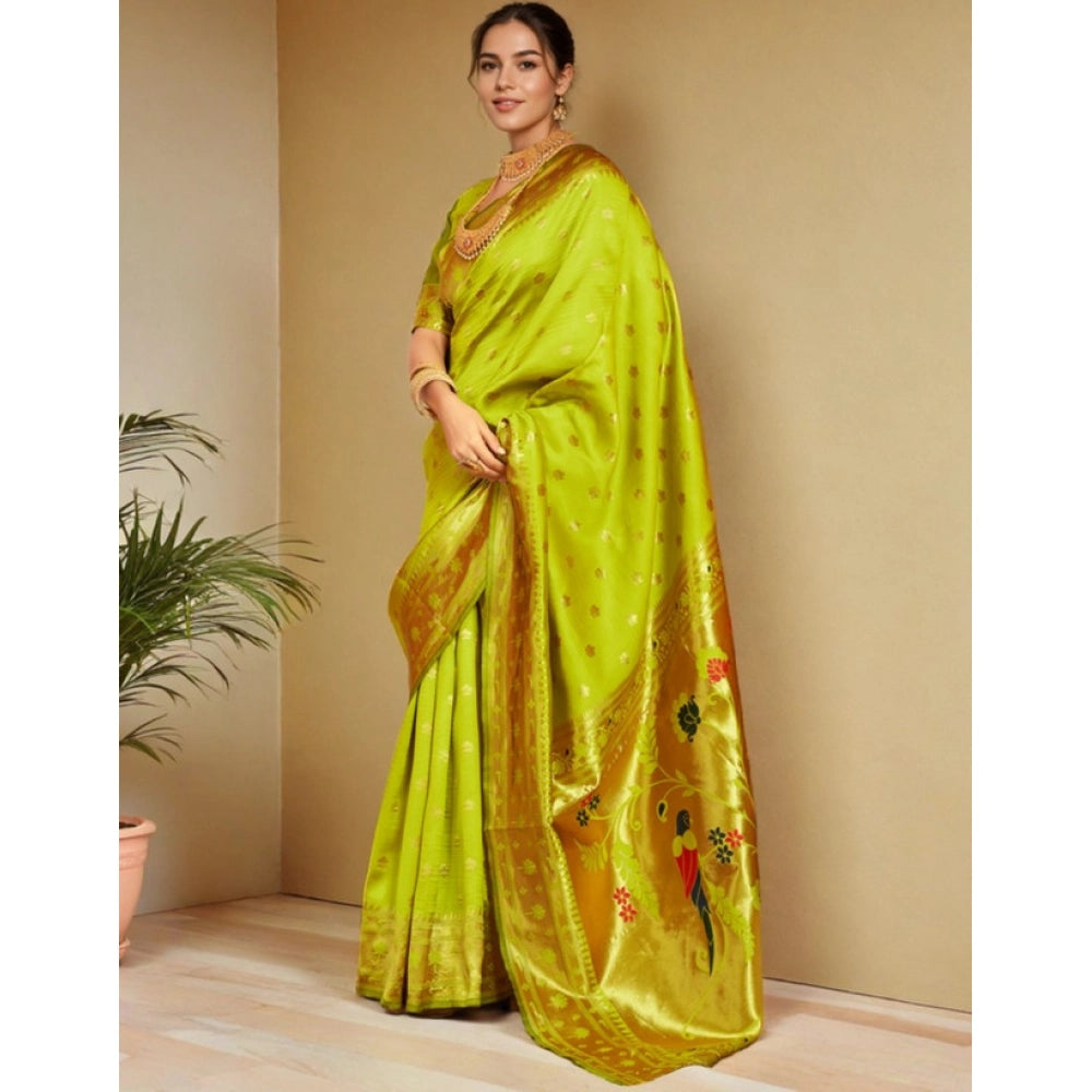 Women's Silk Blend Woven Saree With Unstitched Blouse 5.5Mtr (Lime-Green)