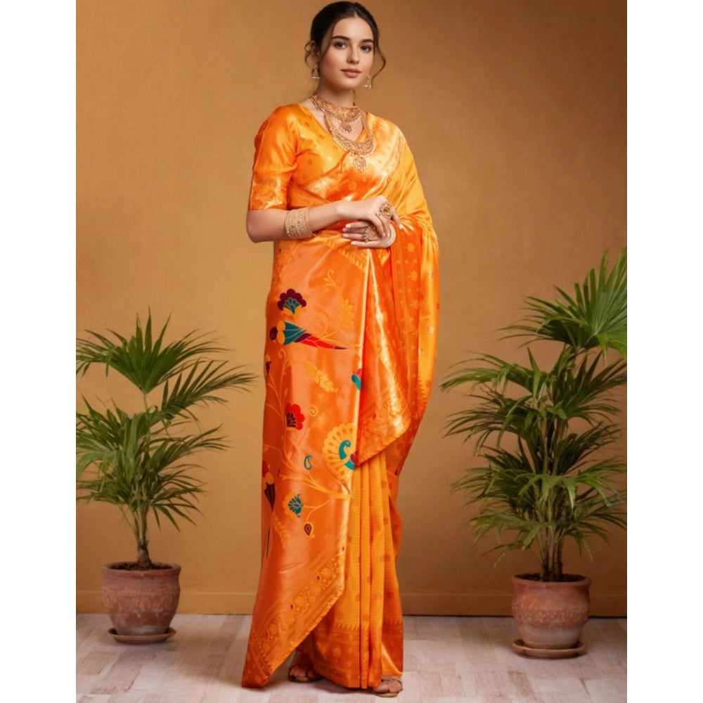 Women's Silk Blend Woven Saree With Unstitched Blouse 5.5Mtr (Orange)