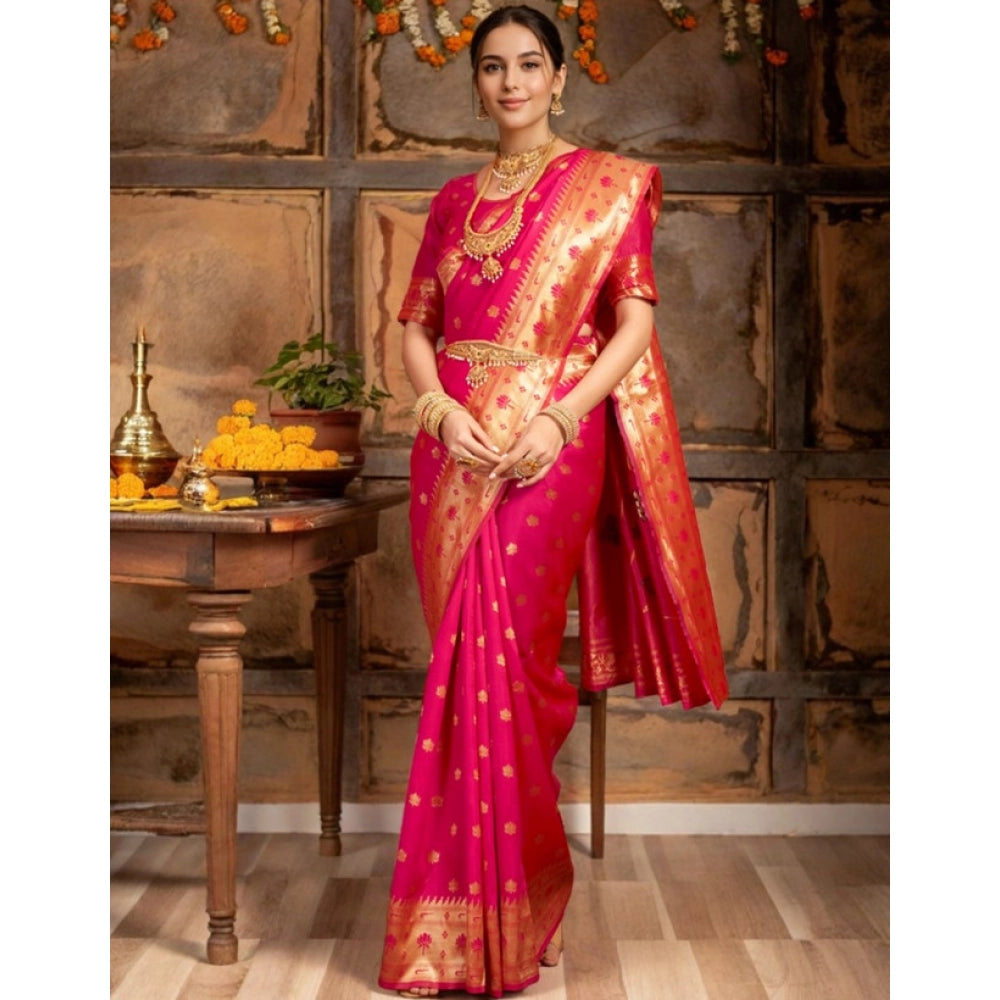 Women's Silk Blend Woven Saree With Unstitched Blouse 5.5Mtr (Pink)