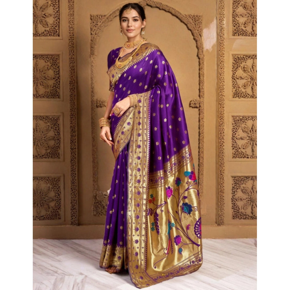 Women's Silk Blend Woven Saree With Unstitched Blouse 5.5Mtr (Purple)