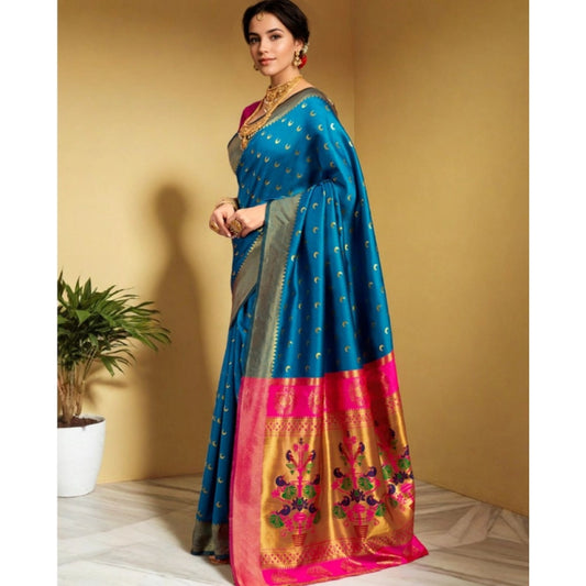Women's Silk Blend Zari Woven Saree With Unstitched Blouse 5.5Mtr (Aqua)