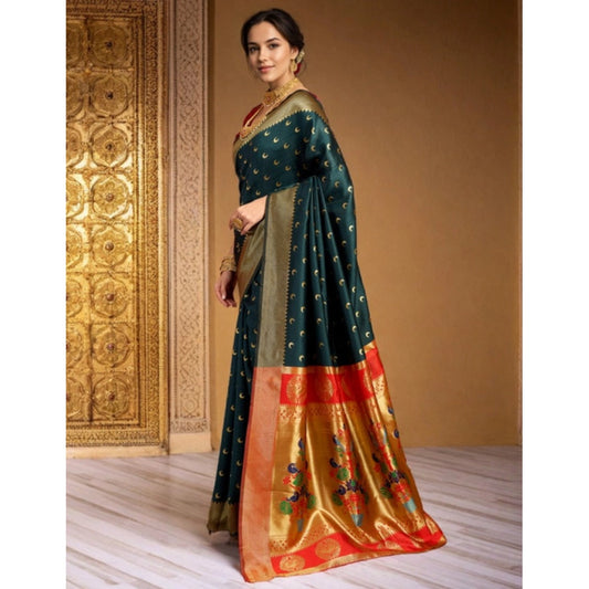 Women's Silk Blend Zari Woven Saree With Unstitched Blouse 5.5Mtr (Dark-Green)