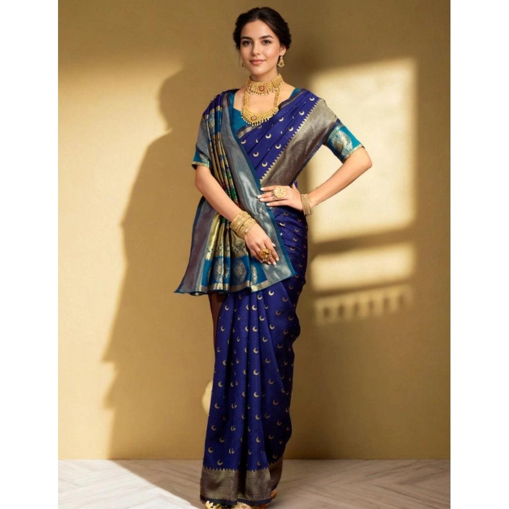 Women's Silk Blend Zari Woven Saree With Unstitched Blouse 5.5Mtr (Navy)