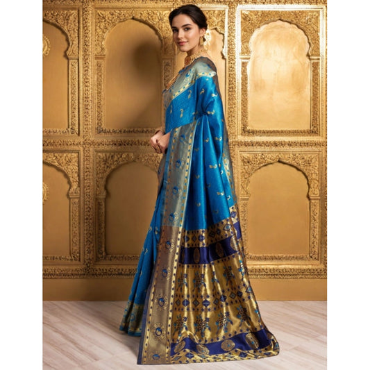 Women's Silk Blend Zari Weaving Saree With Unstitched Blouse 5.5Mtr (Aqua)