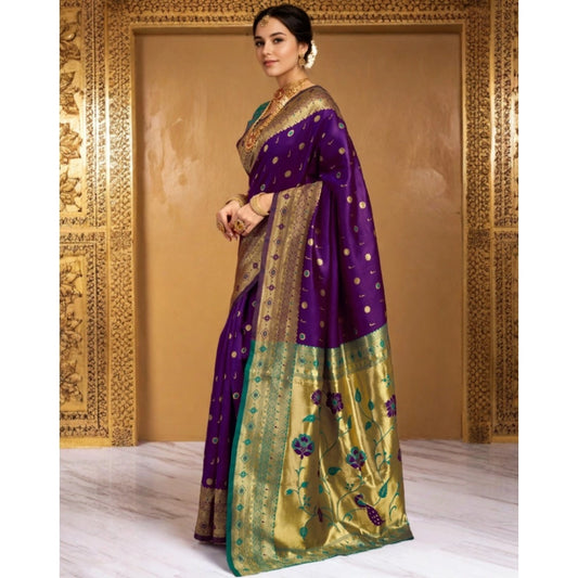 Women's Silk Blend Zari Weaving Saree With Unstitched Blouse 5.5Mtr (Purple)