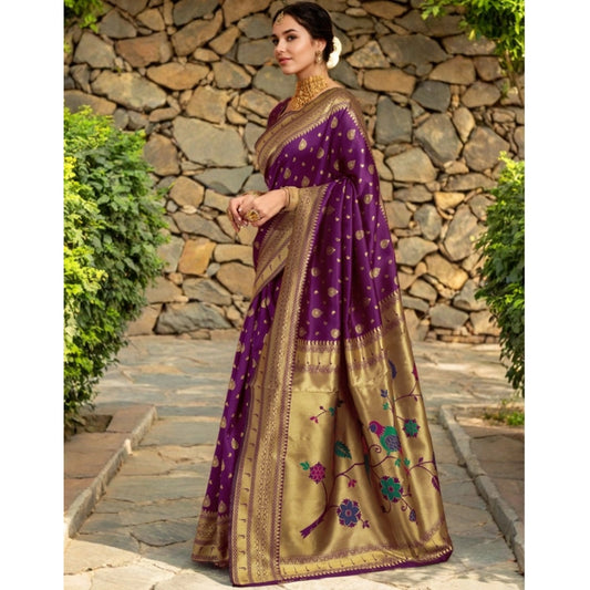 Women's Silk Blend Zari Weaving Saree With Unstitched Blouse 5.5Mtr (Purple)