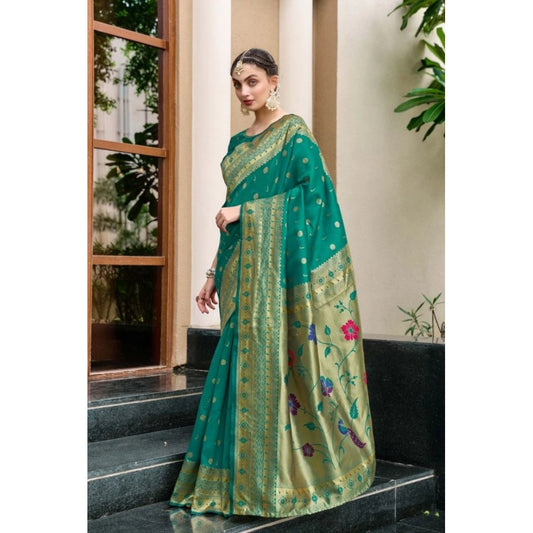 Women's Silk Blend Paithani Weaving Saree With Unstitched Blouse 5.5Mtr (Green)