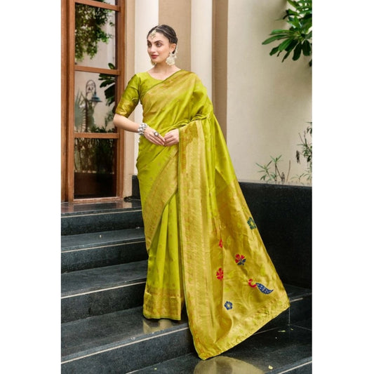 Women's Silk Blend Paithani Weaving Saree With Unstitched Blouse 5.5Mtr (Lime Green)