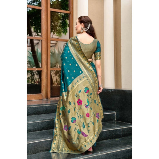 Women's Silk Blend Paithani Weaving Saree With Unstitched Blouse 5.5Mtr (Rama)