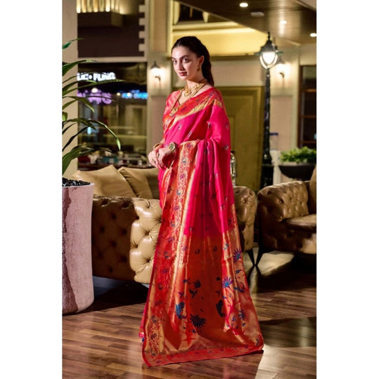 Women's Silk Blend Zari Woven Saree With Unstitched Blouse 5.5Mtr (Pink)