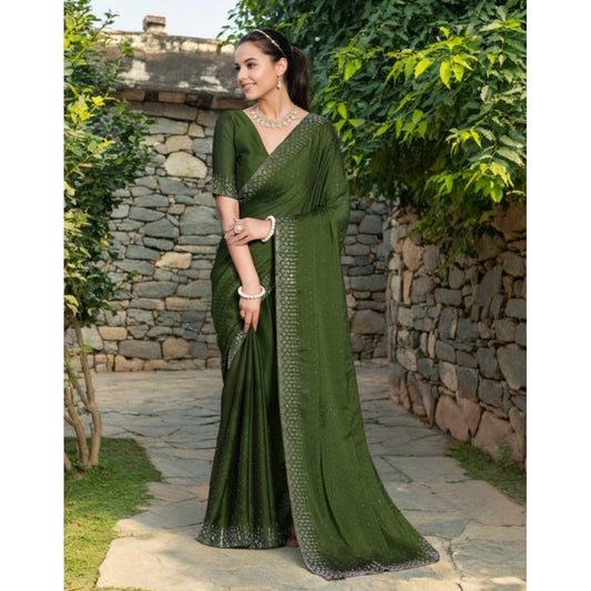 Women's Rangoli Diamond Weaving - Stone Work Saree With Unstitched Blouse 5.5Mtr (Mahendi)