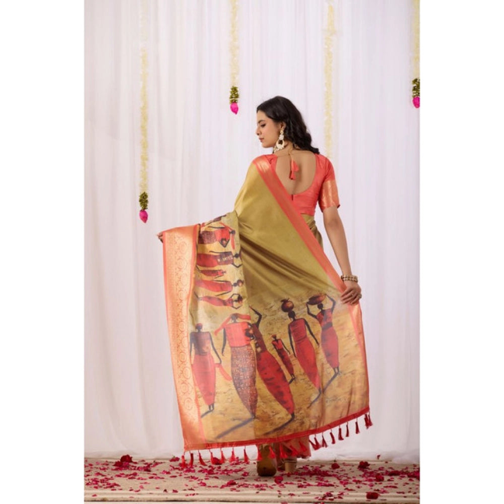 Olive faux silk saree for women — pallu detail