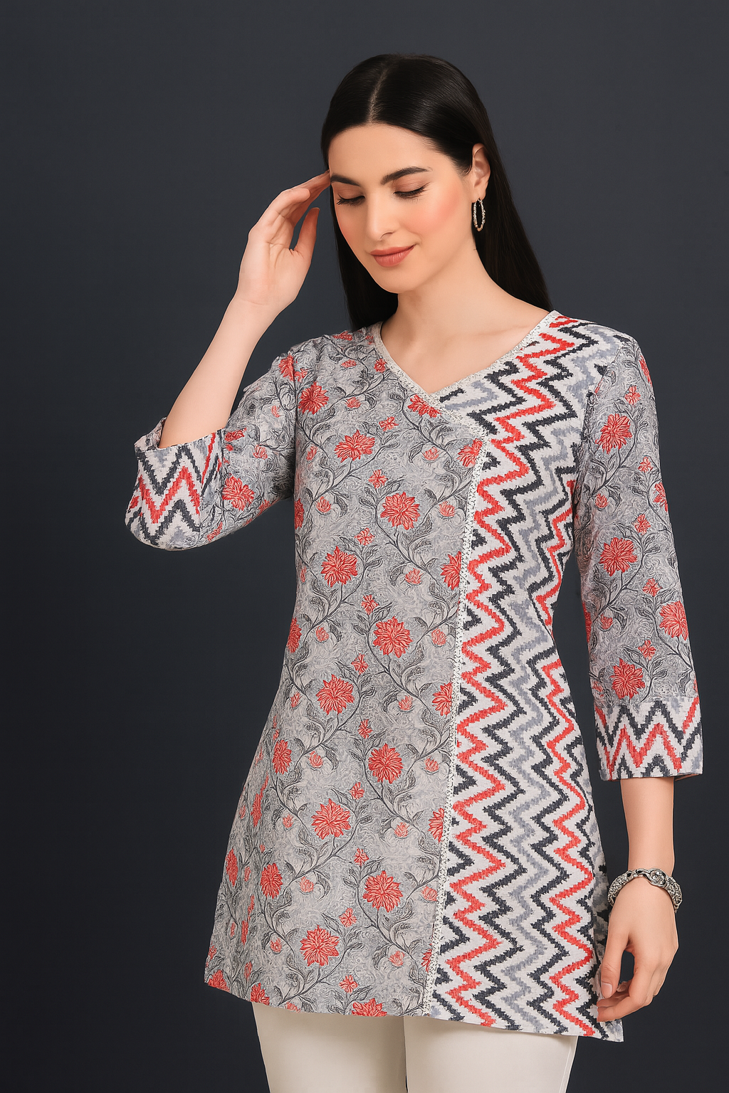 Grey & Red Floral Printed Cotton Kurti with Zigzag Panel